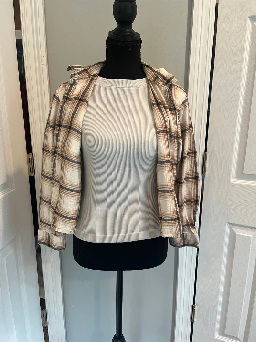 Old Navy Cream and Brown Plaid Button-Front Utility Jacket